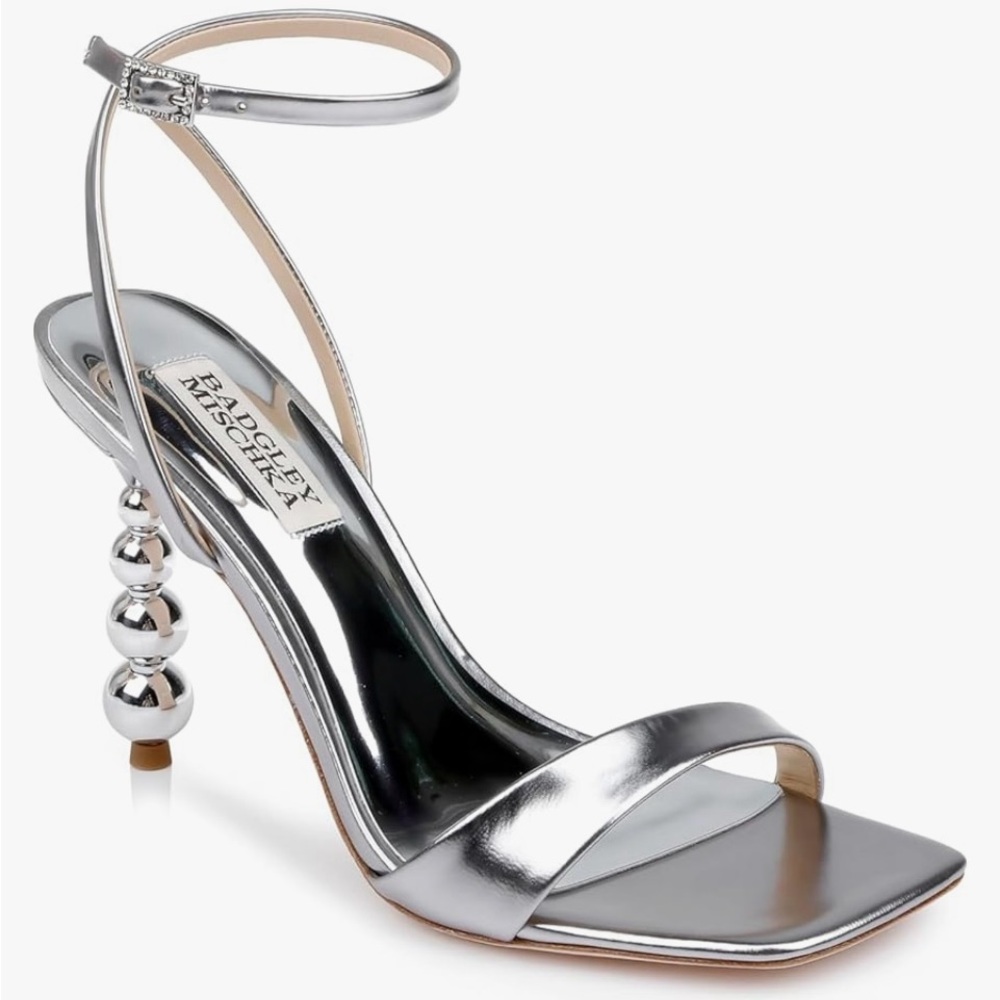 Badgley Mischka Ivette ll metallic silver square toe sandals with ball heel.